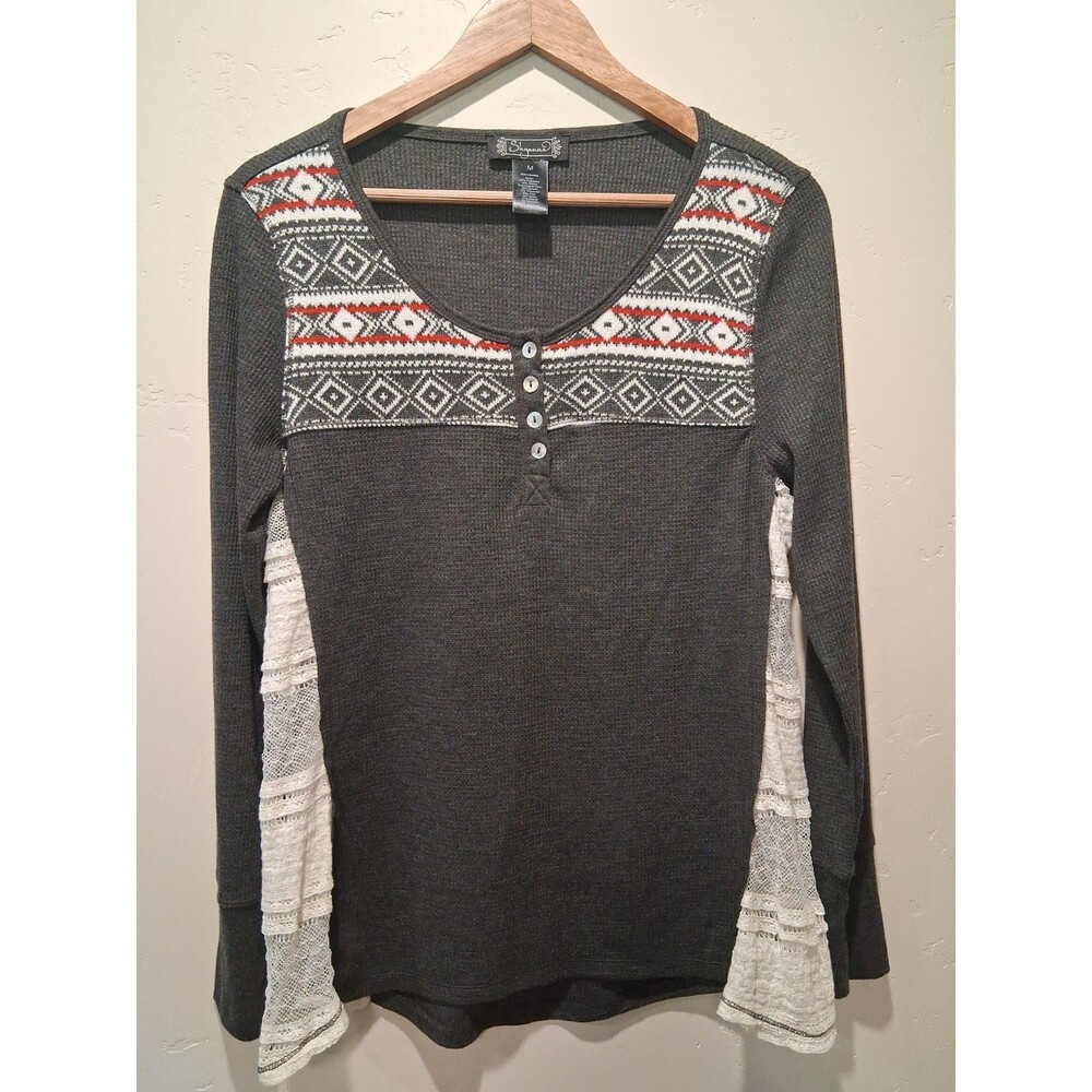 Shyanne Womens Size M Gray Long Sleeve Shirt Lace Insets Quarter Buttons Casual